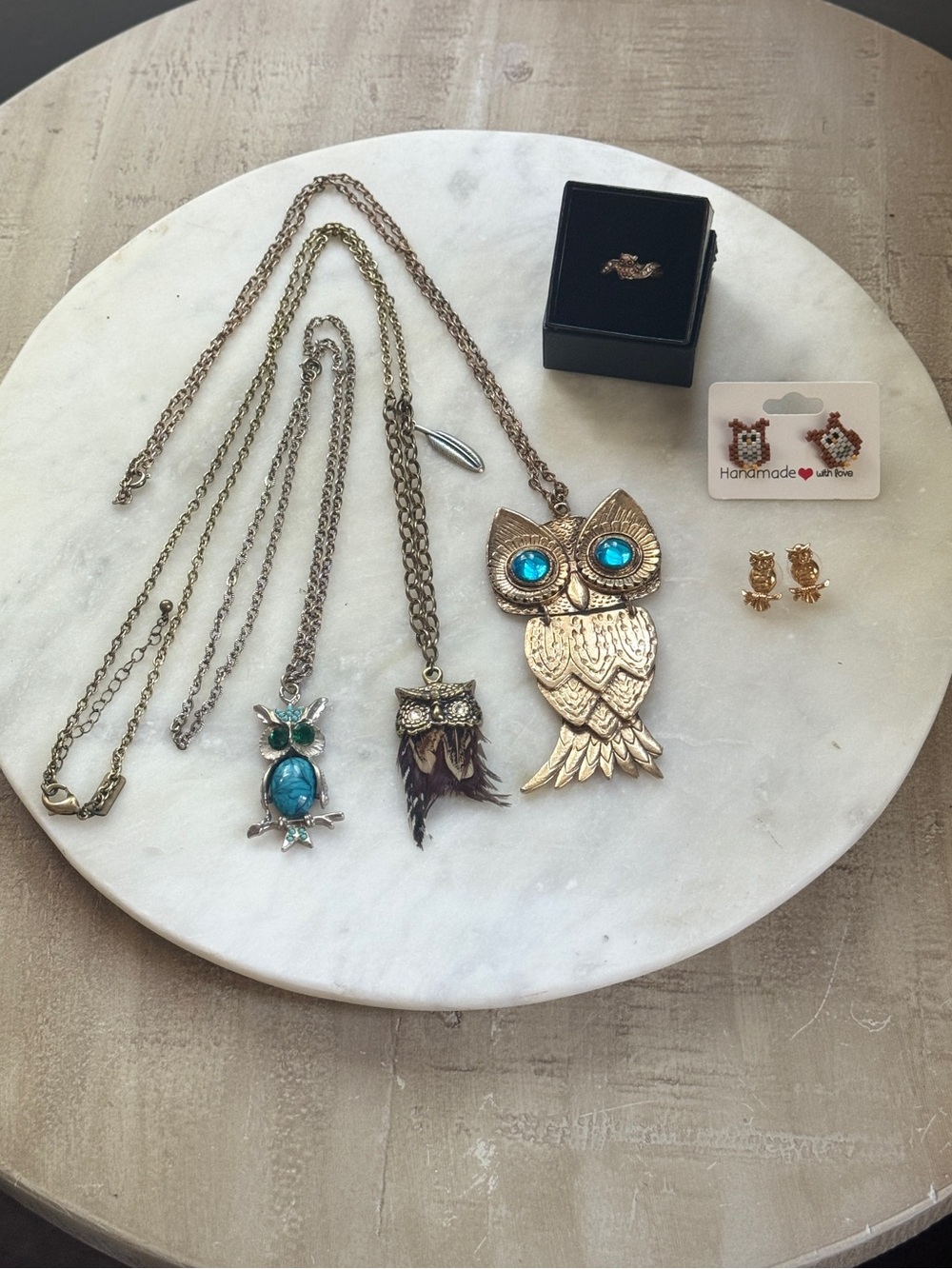 Vintage Boho Owl Jewelry Lot 7pc Statement Pendant Necklaces Earrings Ring Set